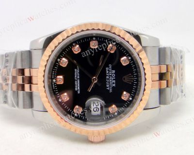 Rolex Datejust Black Dial Two tone Rose Gold Diamond Replica Watch